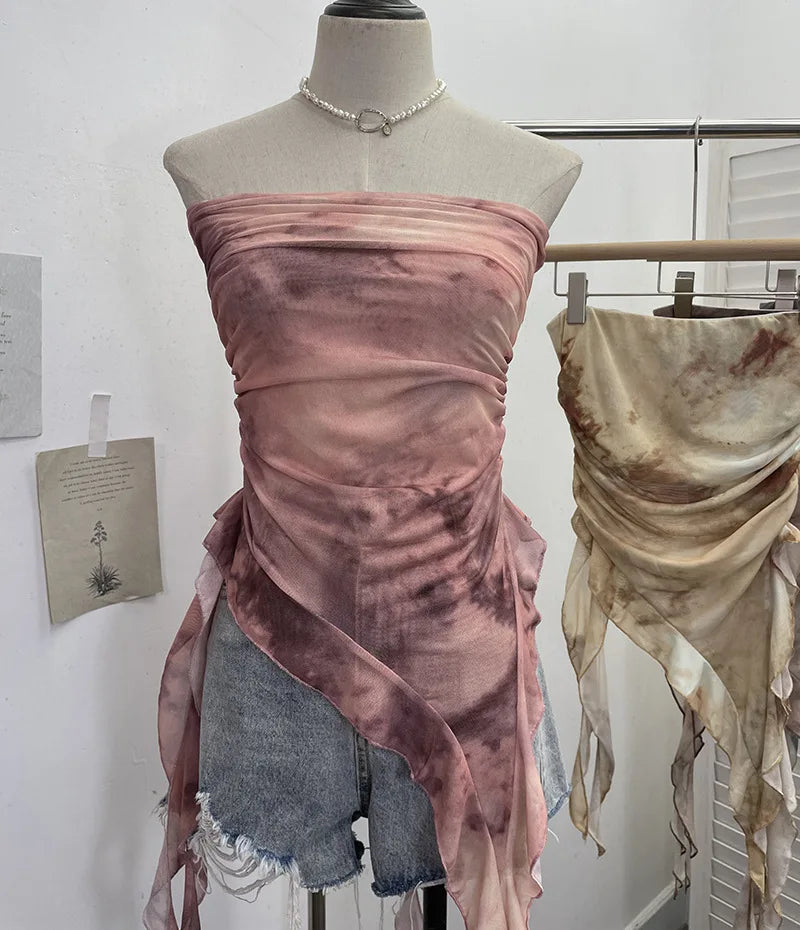 Tie-Dye Mesh Ruffle Edge Asymmetric Tube Top