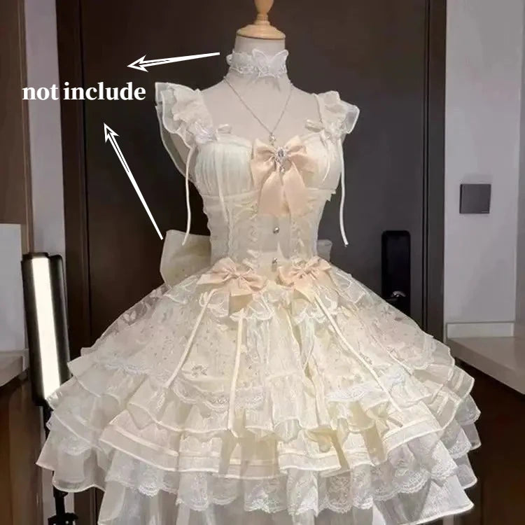 Vestido Lolita Elegante Dulce Estampado de Frutas Kawaii Vestido de Princesa de Manga Corta para Mujer Lindo Lazo Cuello Peter Pan Vestido de Fiesta para Chicas Atrevidas