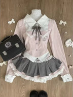 Bow Knitted Cardigan + Ruffles Plaid Mini Skirt Set