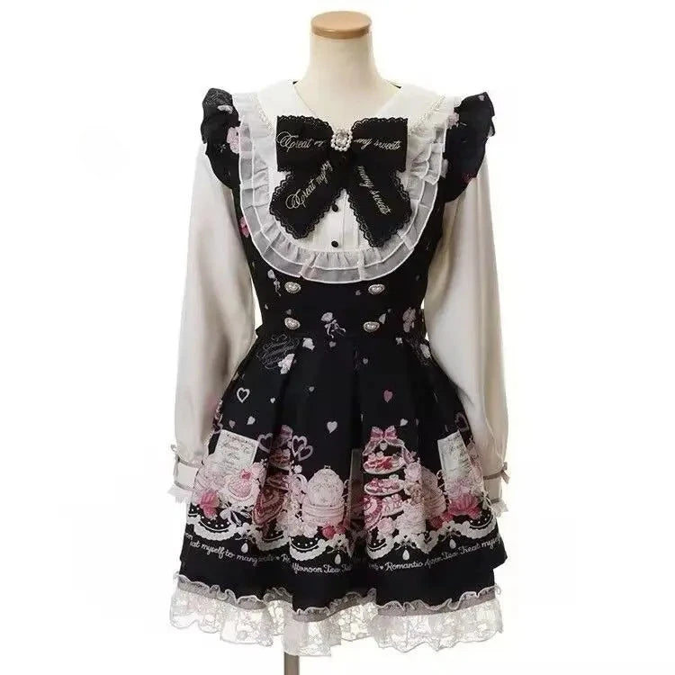 Vestido japonés JK dulce falso de dos piezas Kawaii nuevo con lazo estampado, vestidos Lolita delgados a la moda, trajes vintage Harajuku para mujer, estilo hada
