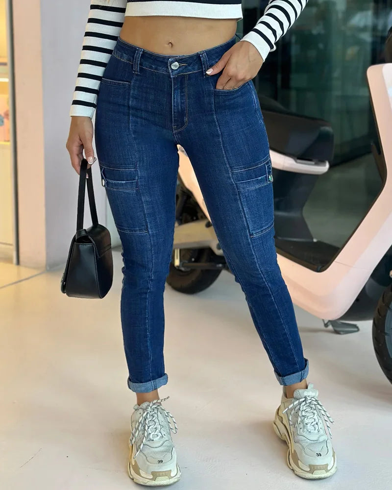 Pantalones cargo Y2K para mujer, pantalones vaqueros ajustados de estilo urbano, pantalones vaqueros casuales de cintura baja para mujer, pantalones azules elásticos de talla grande para todas las estaciones