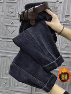 Otoño Invierno Jeans Rectos de Cintura Alta para Mujer, Pantalones Vaqueros Haren Elásticos de Ajuste Holgado, Pantalones Vaqueros Vintage Hasta el Tobillo para Mujer 5XL