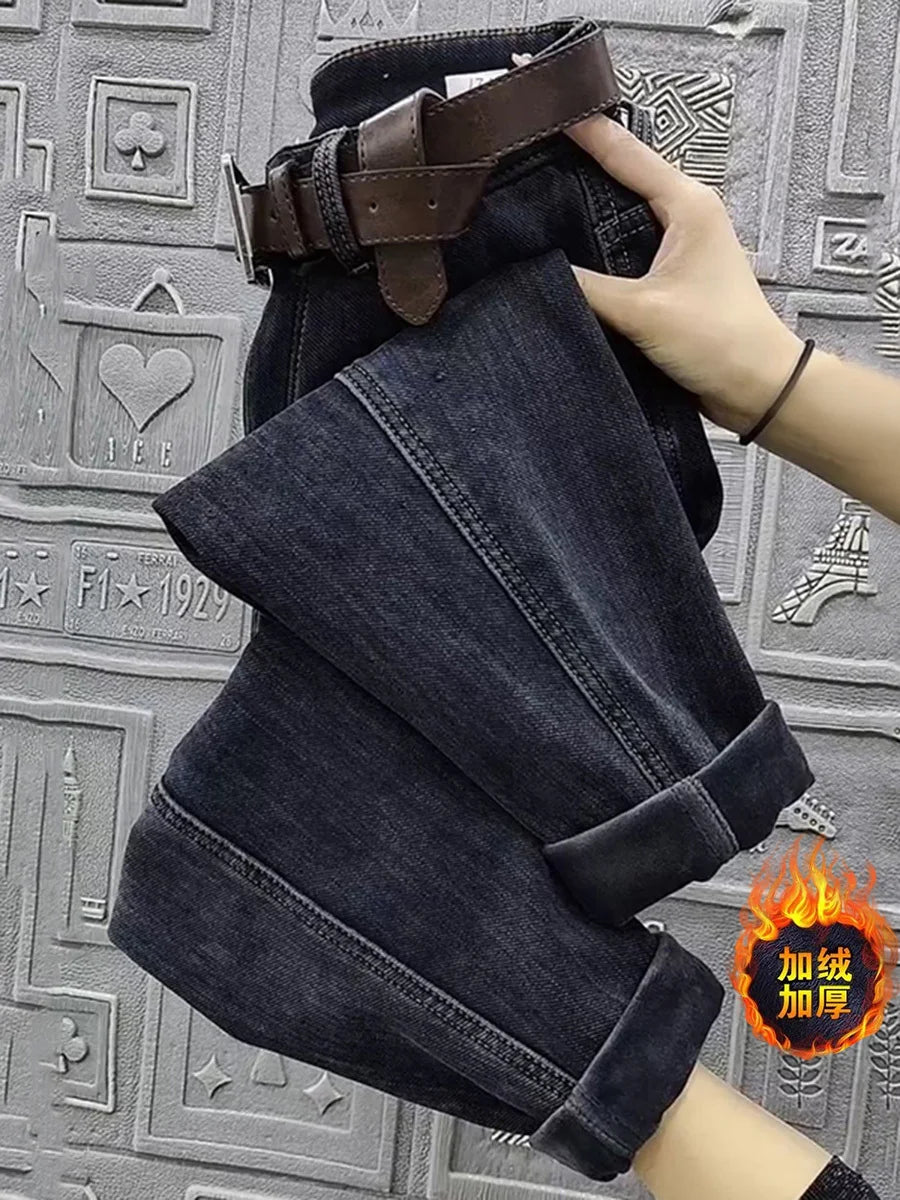 Otoño Invierno Jeans Rectos de Cintura Alta para Mujer, Pantalones Vaqueros Haren Elásticos de Ajuste Holgado, Pantalones Vaqueros Vintage Hasta el Tobillo para Mujer 5XL