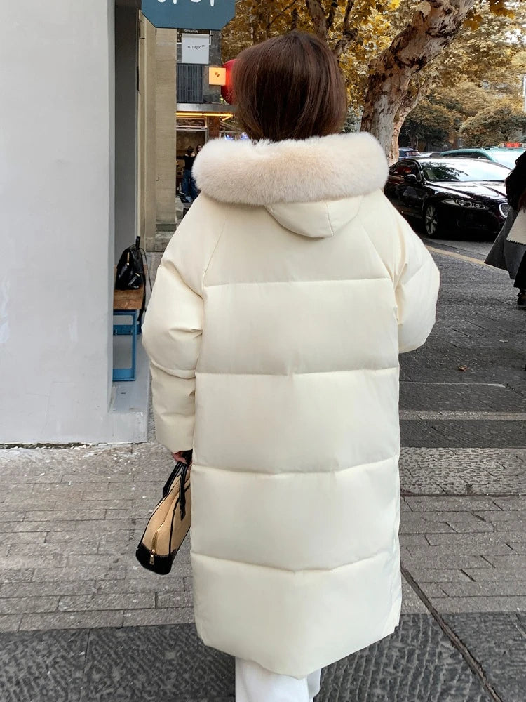Abrigo acolchado rosa de longitud media para mujer, grueso, de invierno de 2026, por encima de la rodilla, con cuello de piel, chaqueta cálida de algodón para mujer, parkas y abrigos