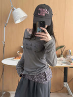 Letter Print Relaxed Fit Long Sleeve sun-protective shirt Fitted Top