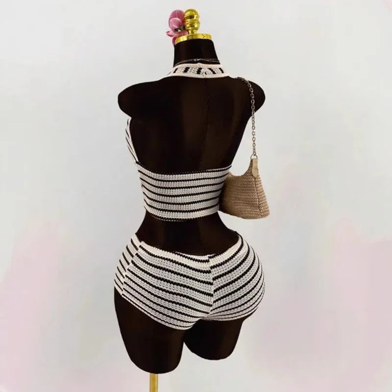 Knitted Lace up Slim Fit Halterneck Vest + Half-Length Shorts Set
