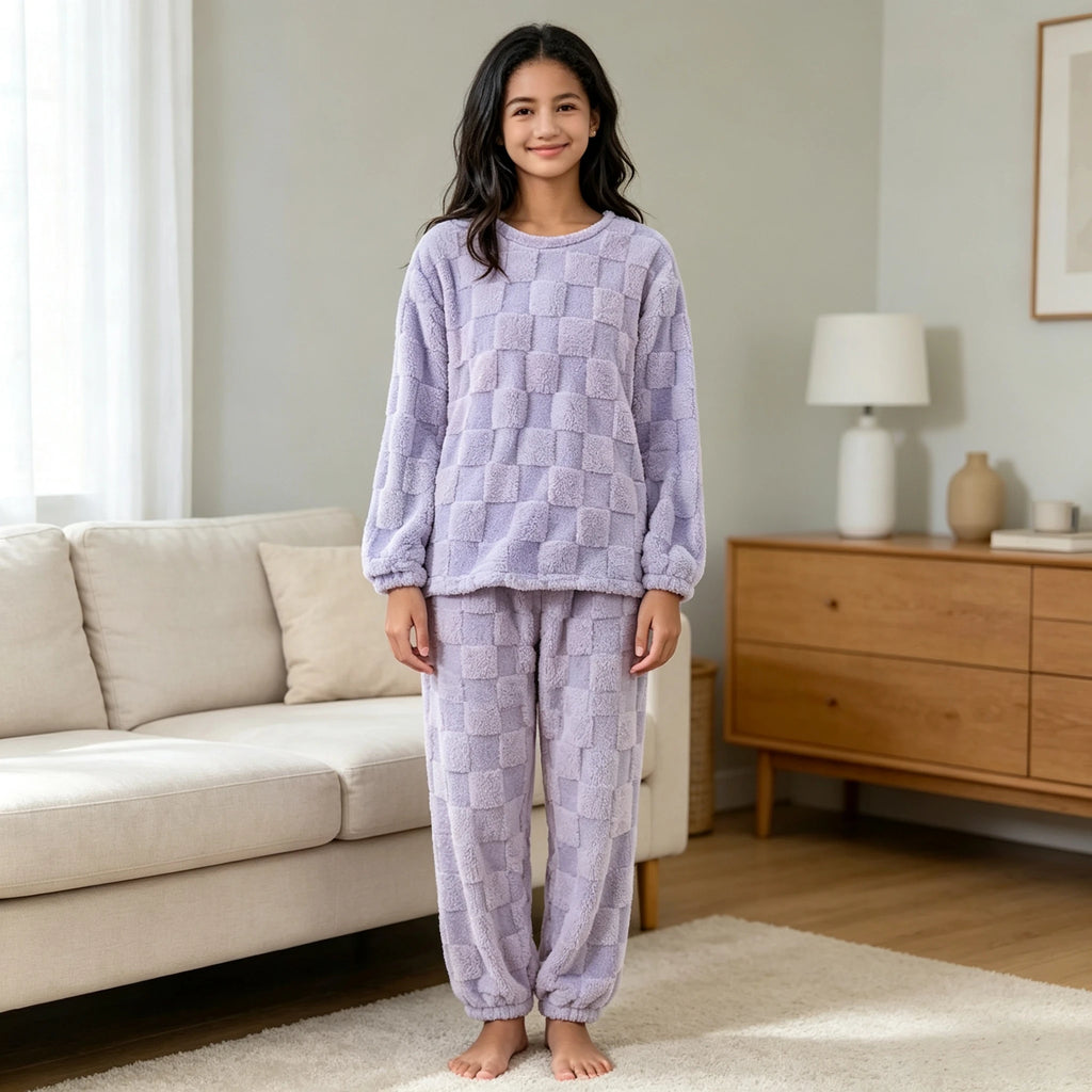 O-Neck Pullover Top + Plaid Loose Elastic Waist Pants Set