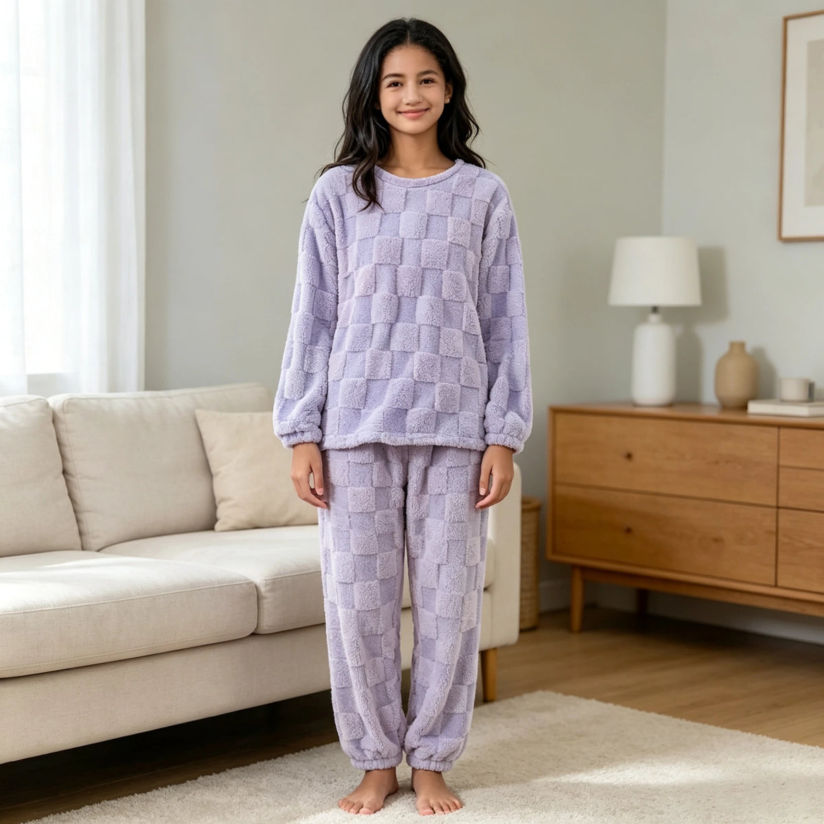 O-Neck Pullover Top + Plaid Loose Elastic Waist Pants Set