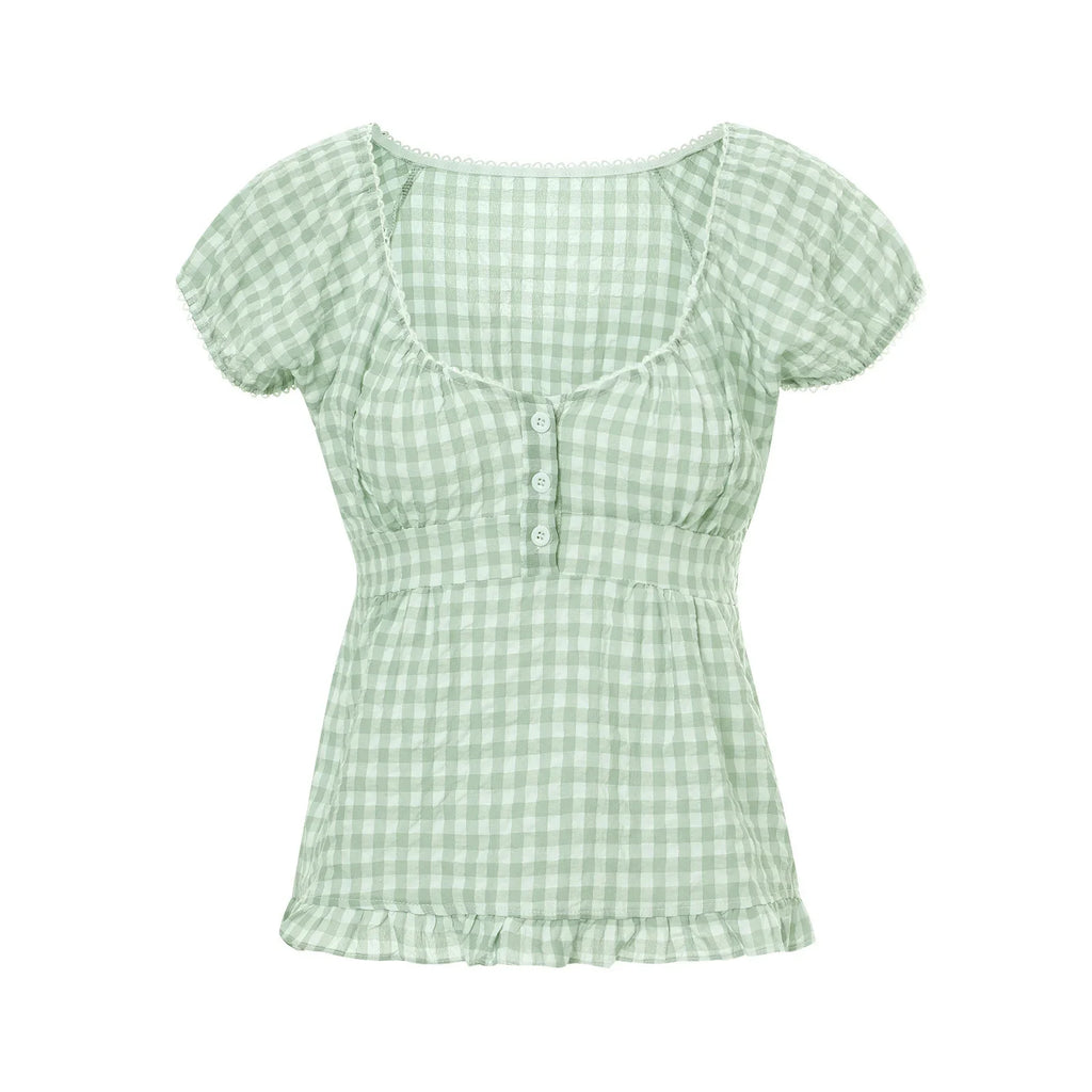 Puff Short Sleeve Square Neck Ruffle Shirt
