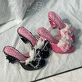 Patent Leather Heart Kitten Heel Mules with Lace Bow