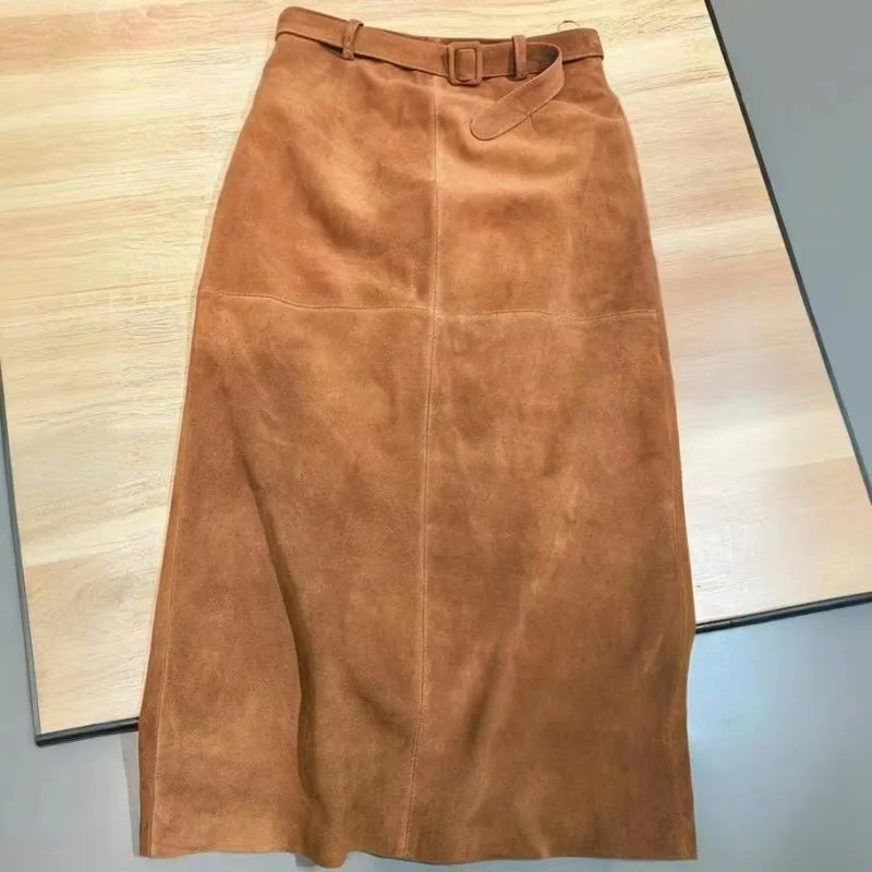 Genuine Leather Suede Long Skirt