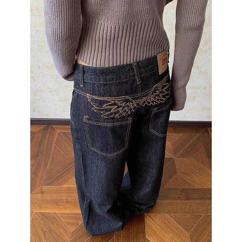 ZHIZOU Mujer Y2K Estética 2000s Jeans Baggy de Tiro Bajo para Mujer Jeans Bordados Grunge Cyber Punk Japonés Harajuku Pantalones de Mezclilla