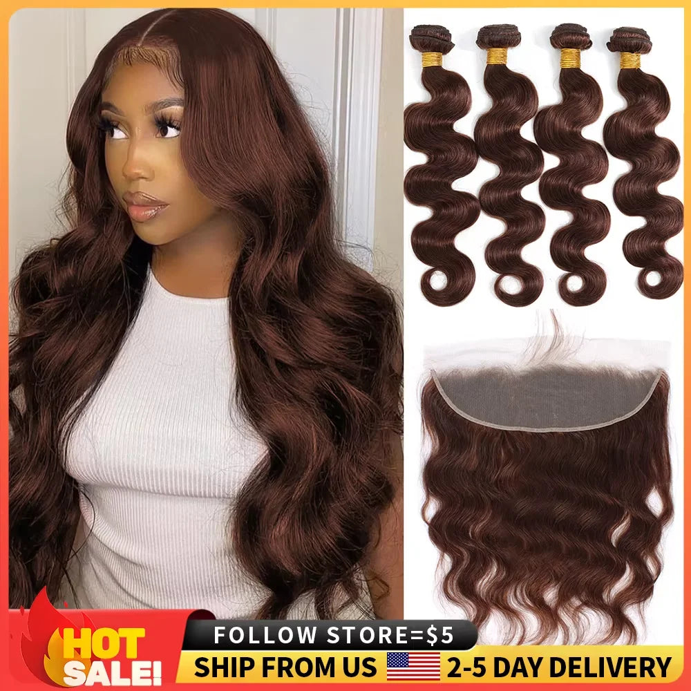 Brown Human Hair Bundles With Closure Colored Brazilian Body Wave 3/4 Bundles With HD Lace Frontal Closure Extensions For Women