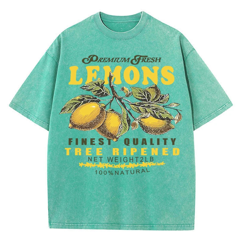 Premium Fresh Lemons Fruit Print Washed T-Shirt