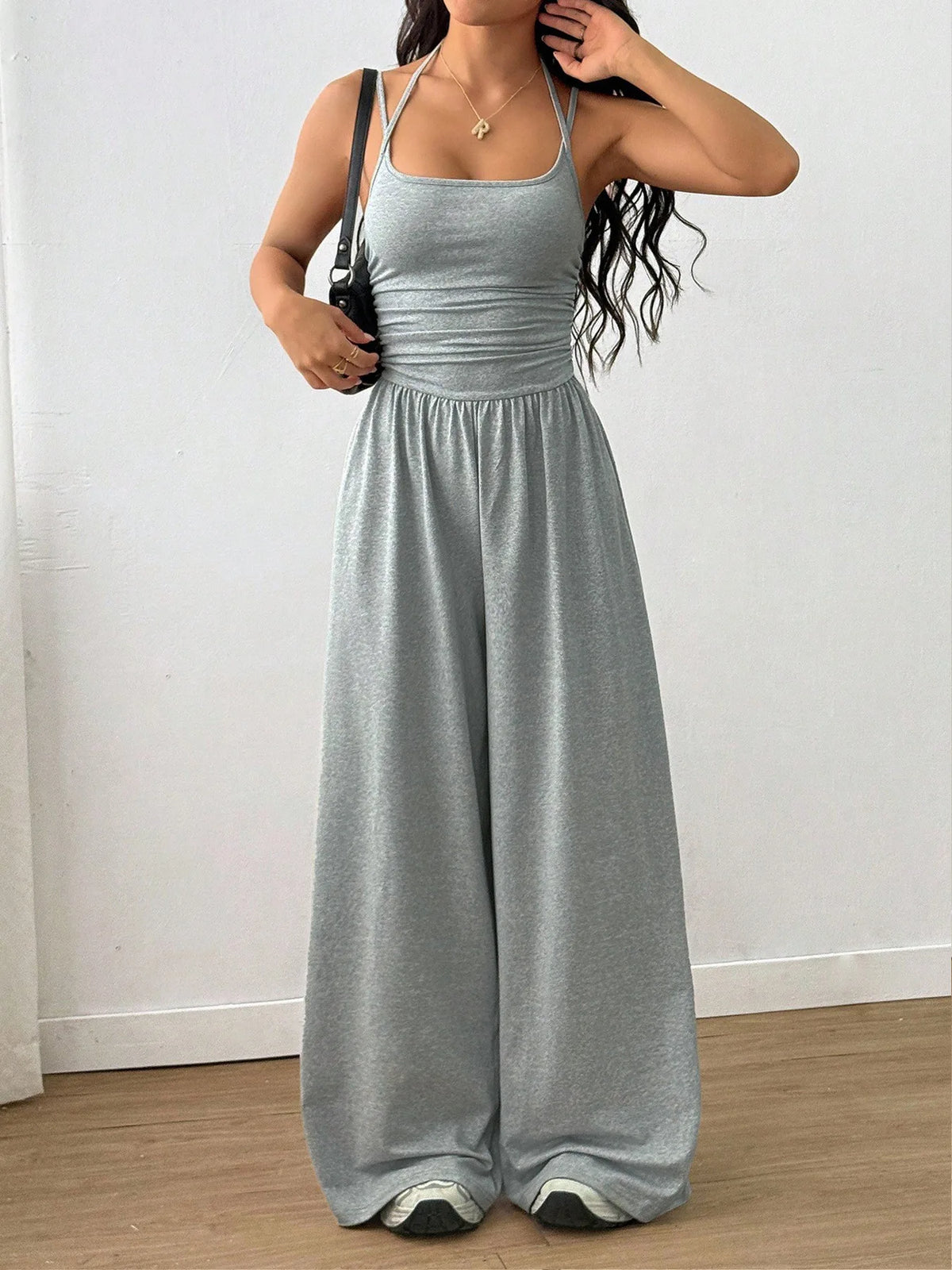 Casual Simple Suspender Sleeveless High Waist Backless Loose Jumpsuit