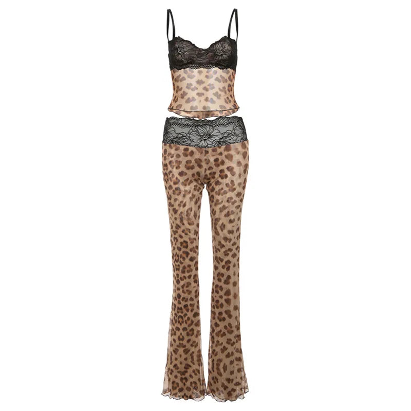 Lace Patchwork Leopard Print Sheer Mesh 2 Piece Set