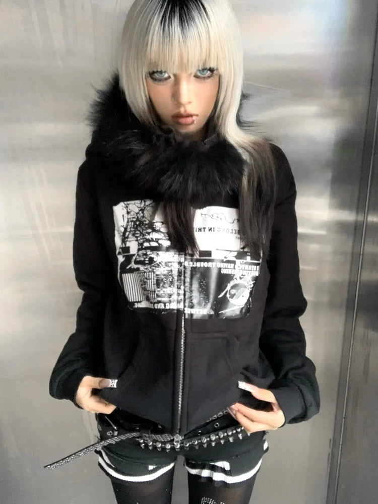 Faux Fur Print Jacket with Hood