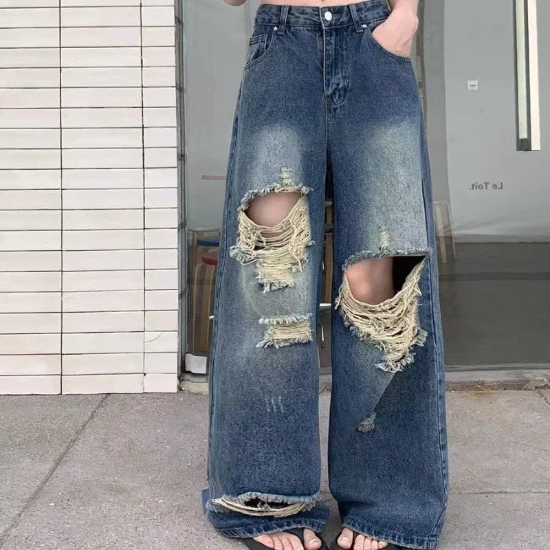 Pantalones casuales de mezclilla para mujer, jeans vintage rectos, pantalones de moda de otoño y primavera para mujer, azules, de pierna ancha con rotos
