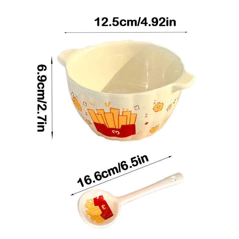 French Fries Ceramic Double Handle Bowl with Spoon