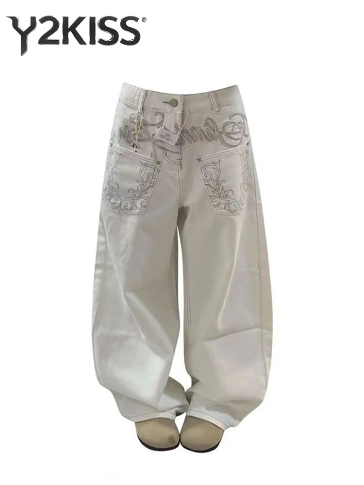Vaqueros Anchos de Mujer, Pantalones de Mezclilla Blanca Bordados, Ajuste Ancho, Estilo Y2K Japonés Harajuku 2000s Americano Retro Grunge Marea High Street Nuevo