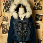 Tendencia de moda urbana Y2K, sudadera con capucha y cremallera con cuello de piel, estilo Harajuku, informal, holgada, gruesa, unisex, cálida.