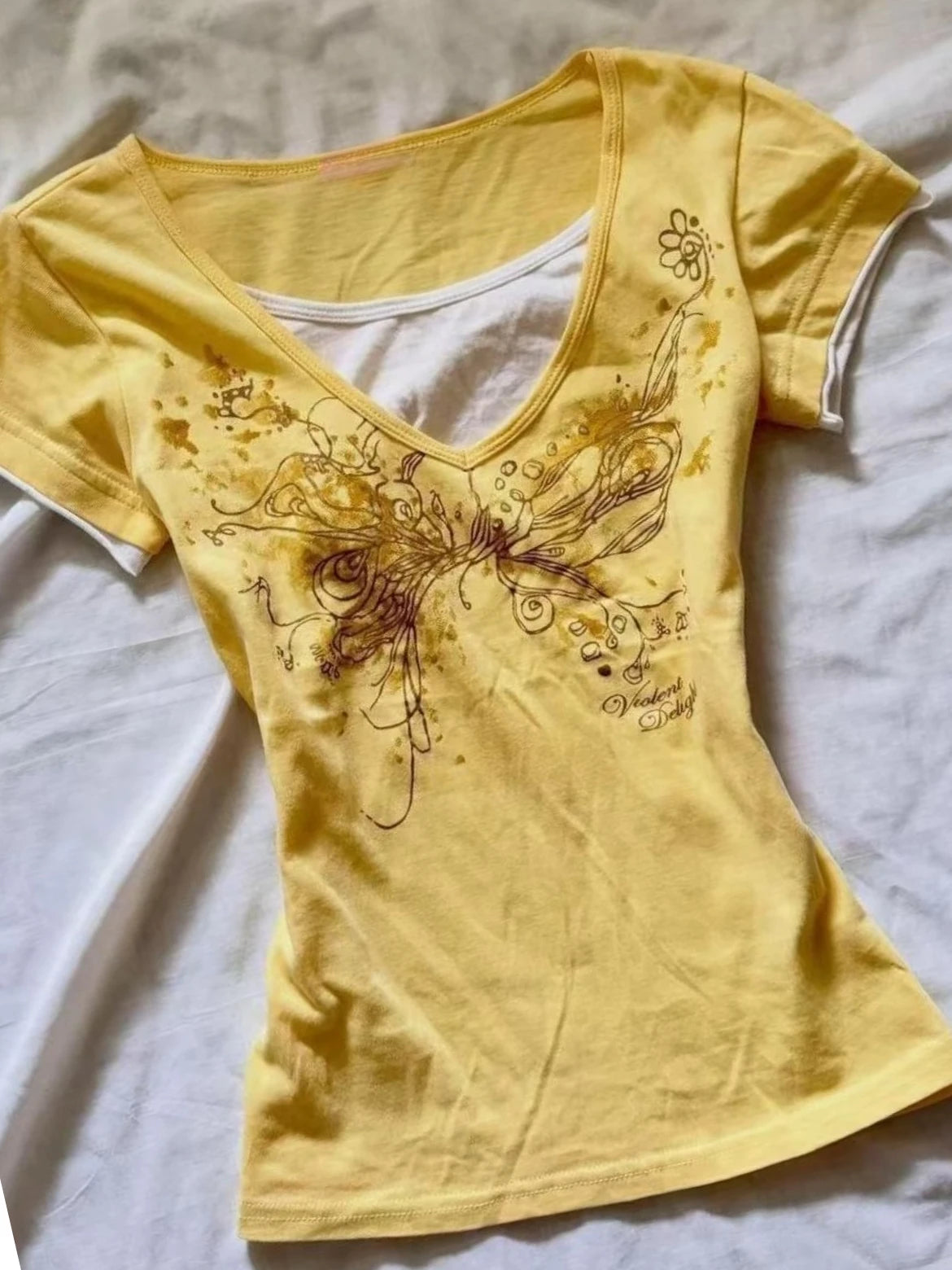 Yellow Fake Two‑Piece Short Sleeve Tee