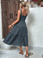 Vestido sin mangas fruncido en el busto y con dobladillo con volantes para mujer - Vestido de tirantes ajustado sexy de verano para fiestas y playa