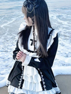 Ruffled Fairy Sweet Long Sleeve Dress Kawaii Lolita Lace Patchwork Dresses Y2k Aesthetic Ball Gown Contrast Color  Robe Women