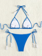 ZTVitality Conjunto de bikini azul sexy 2024 Novedad Biquini Sujetador con relleno Halter Vendaje Traje de baño Ropa de baño para mujer Pespuentes de látigo Verano