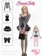Bow Knitted Cardigan + Ruffles Plaid Mini Skirt Set