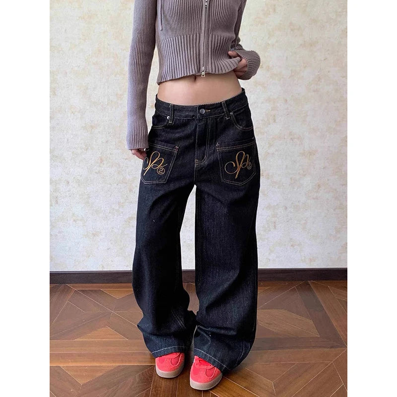 ZHIZOU Mujer Y2K Estética 2000s Jeans Baggy de Tiro Bajo para Mujer Jeans Bordados Grunge Cyber Punk Japonés Harajuku Pantalones de Mezclilla