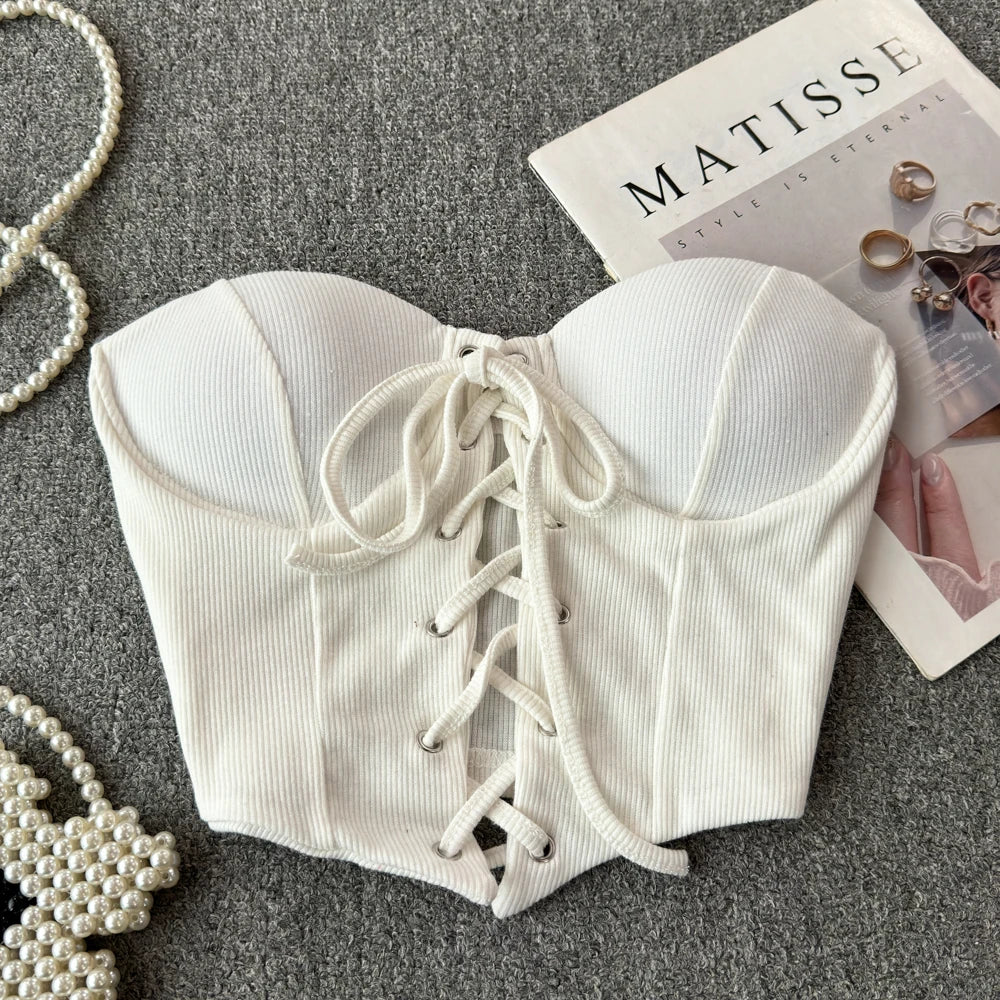 Tops sin espalda para mujer, nueva llegada, cuello tipo slash, sujetador incorporado, ombliguera, con cordones, camisola ajustada, verano, vintage, gallus, dropship