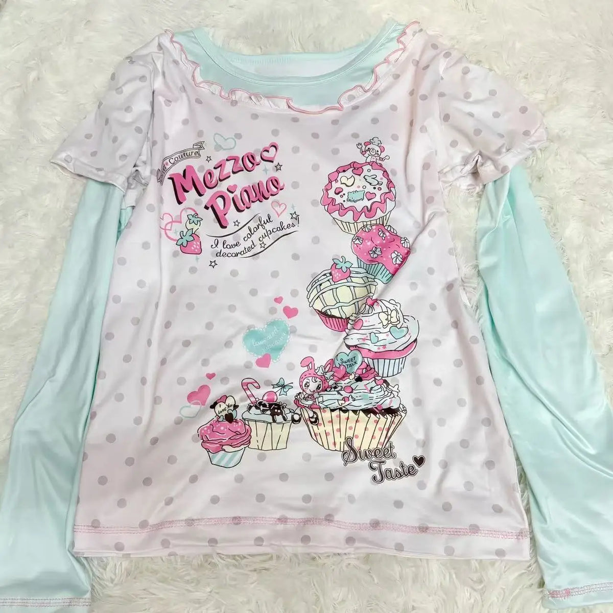 Blusa Estampada Kawaii Sweet Lolita para Mujer Manga con Volantes Encaje Camiseta con Ribete de Lazo Decoración Personaje de Dibujos Animados Estampado Integral Top Lindo