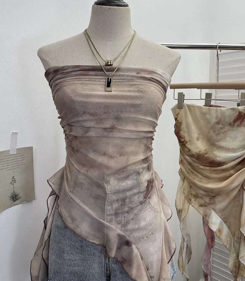 Tie-Dye Mesh Ruffle Edge Asymmetric Tube Top