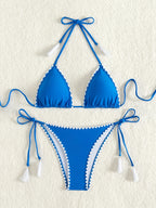 ZTVitality Conjunto de bikini azul sexy 2024 Novedad Biquini Sujetador con relleno Halter Vendaje Traje de baño Ropa de baño para mujer Pespuentes de látigo Verano