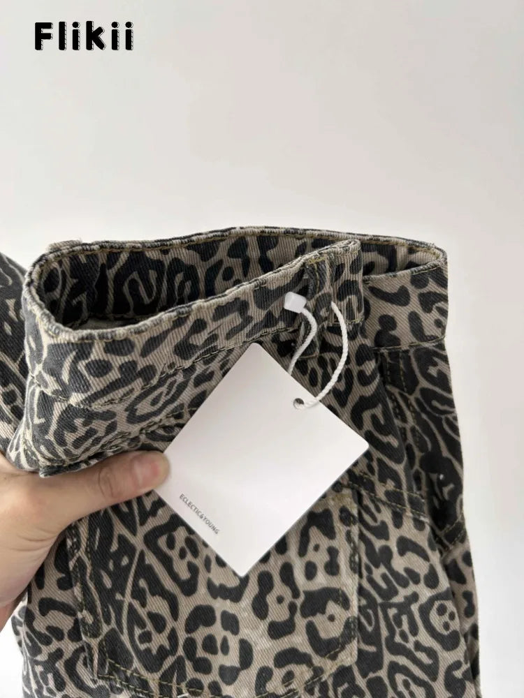 Pantalones vaqueros americanos vintage de leopardo de cintura alta para mujer, informales, años 2000, holgados, Y2K, pierna ancha, grunge, de calle, de mezclilla lavada