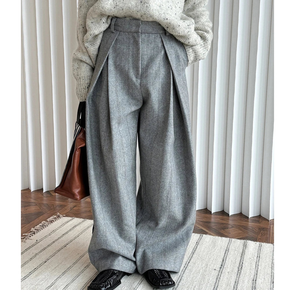 Pantalones de Moda de Mujer de Primavera de 80% Lana, Pierna Ancha, Cintura Alta, Rayas, Rectos, Ropa de Moda, Pantalones Femeninos