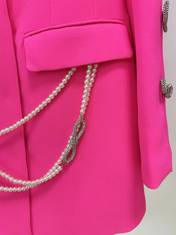Pearls Chain Diamonds Beaded Hollow Out Bow Sleeve Blazer Dress