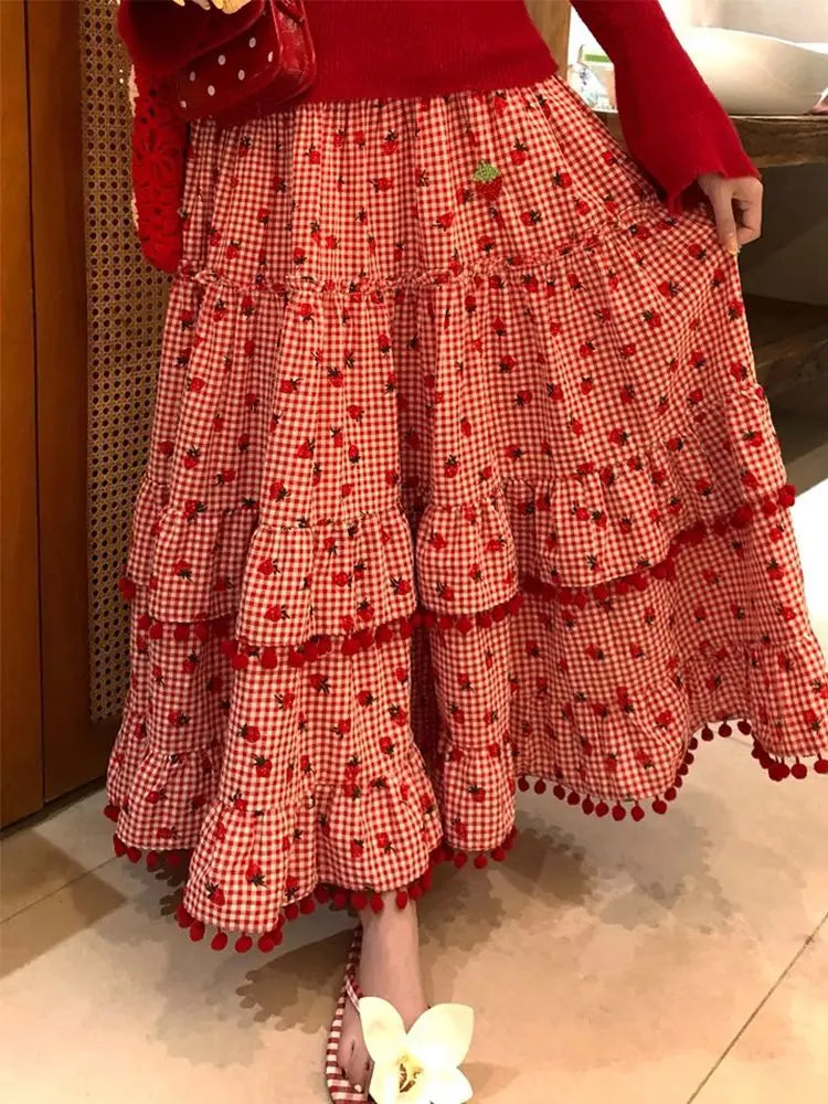 OCEANLOVE Dulce Falda de Mujer Fresa con Volantes Retro Cuadros Rojos Linda Falda Larga Moda Coreana Primavera Verano Faldas Mujer