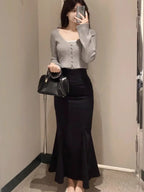 Kuzuwata Sirena Celebridad Elegante Falda entallada ajustada clásica de cintura alta Faldas Japón Francés de longitud media Falda para mujer
