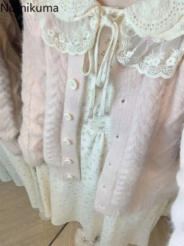 Knit Oversized Cardigan + Peter Pan Collar Floral Dress Set