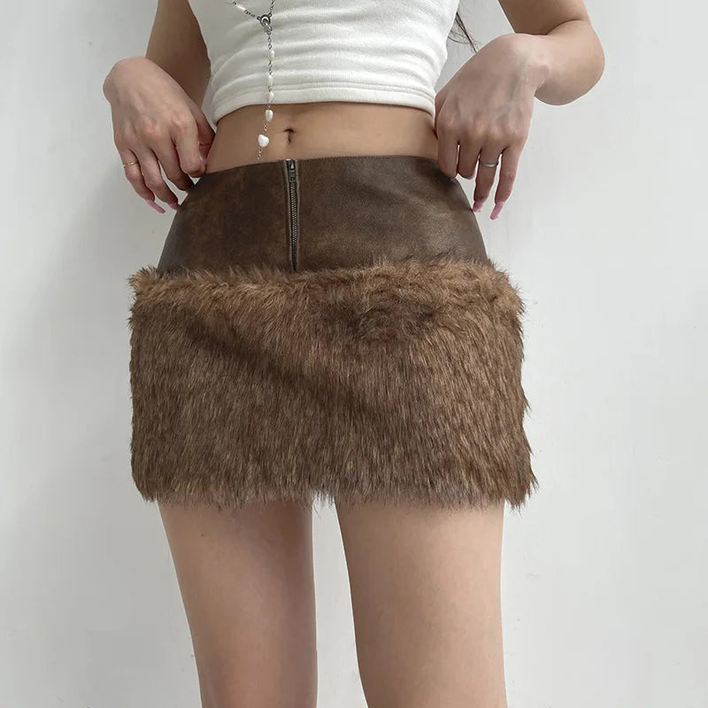 Patchwork Pu Leather Furry Skirt