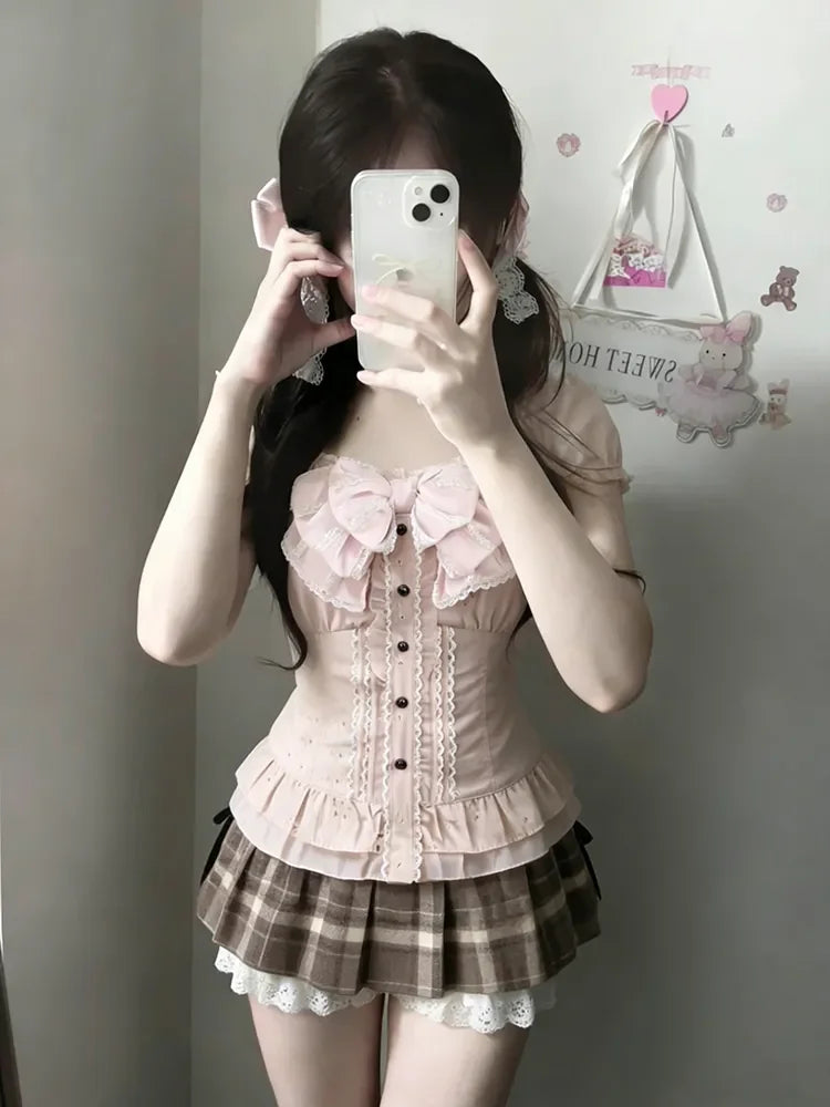 Lace Bow Blouse + Cami Top + Plaid Ruffle Mini Skirt Set