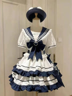 Dulce y adorable conjunto de falda marinera de manga corta con cuello, estilo lolita japonesa kawaii, con lazo de encaje y vestido de fiesta de princesa con cuello marinero.