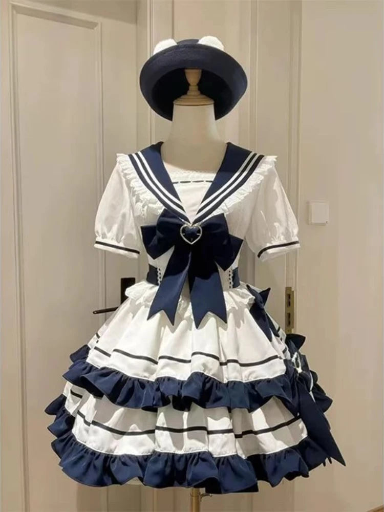 Dulce y adorable conjunto de falda marinera de manga corta con cuello, estilo lolita japonesa kawaii, con lazo de encaje y vestido de fiesta de princesa con cuello marinero.