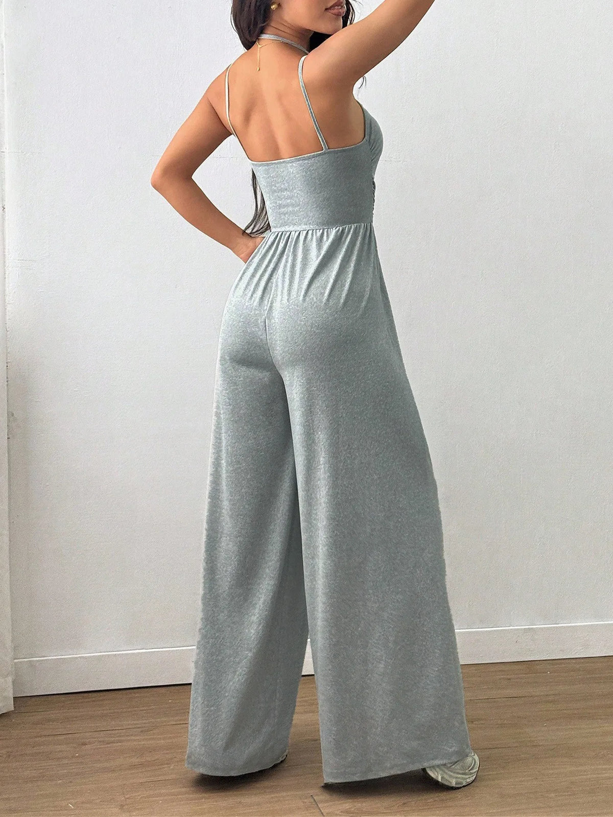 Casual Simple Suspender Sleeveless High Waist Backless Loose Jumpsuit