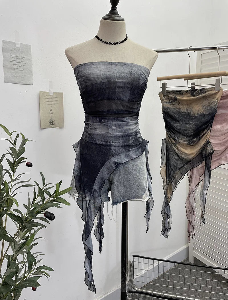 Tie-Dye Mesh Ruffle Edge Asymmetric Tube Top