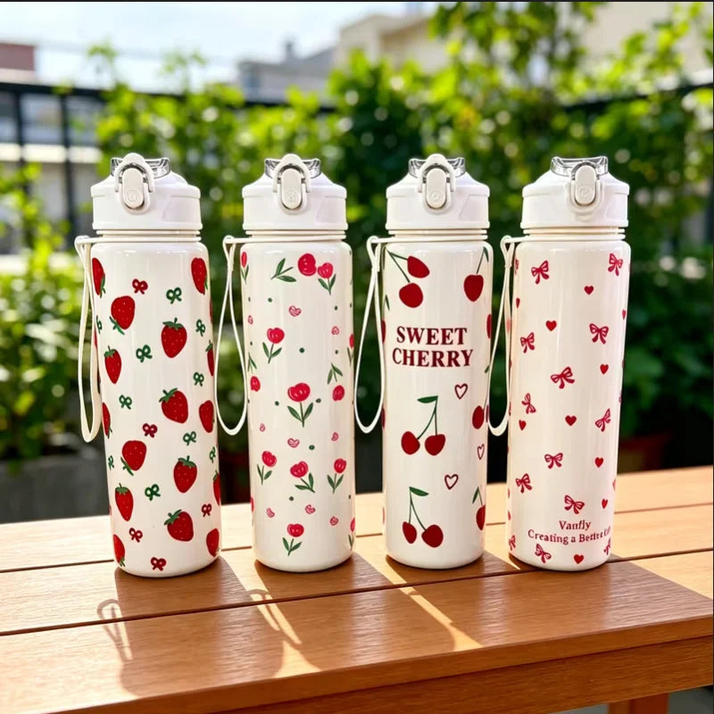 750ML Cute Strawberry Cherry Flower Bowknot Printed Tumbler