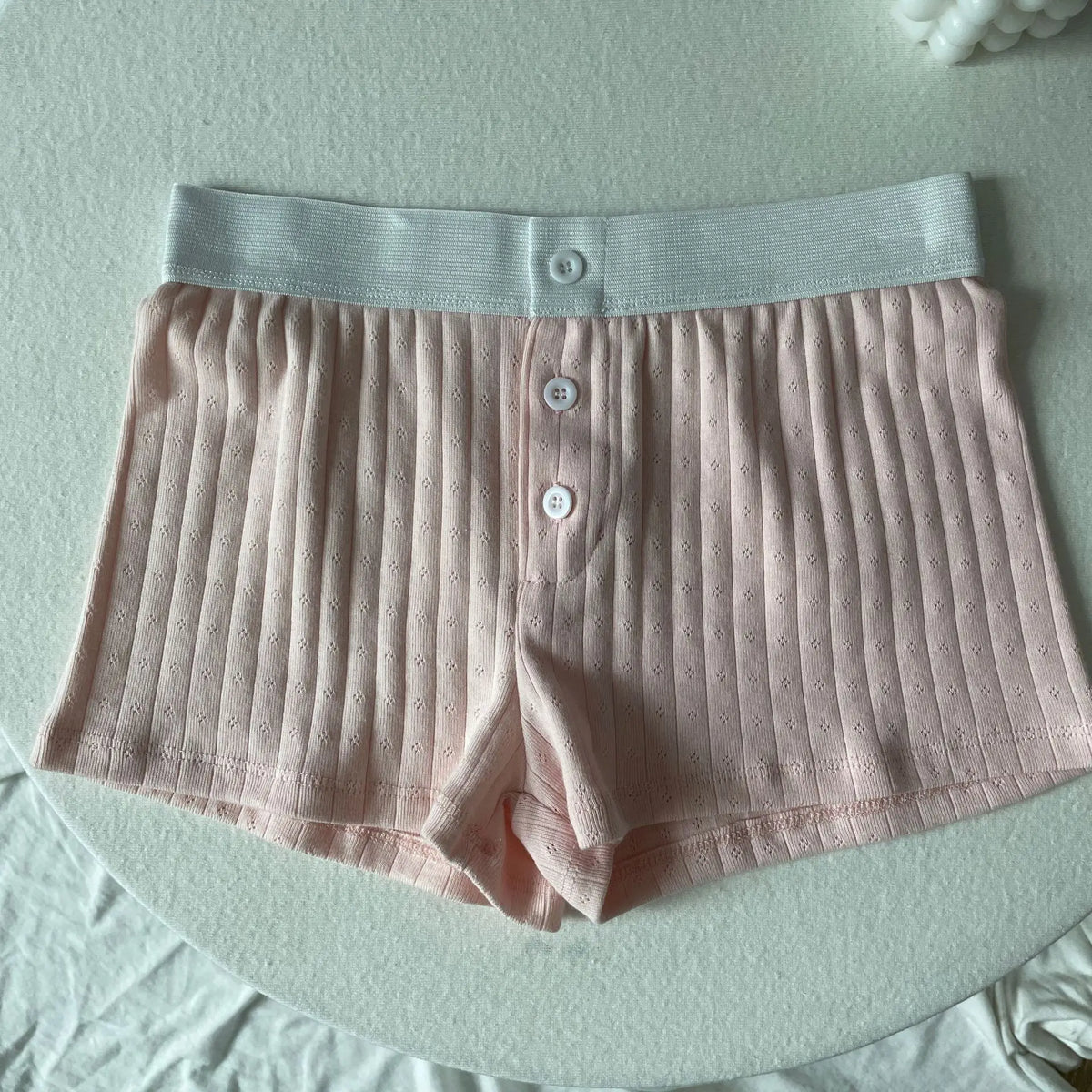 Shorts para mujer de algodón con ojales florales para verano, tres botones, patchwork, cintura elástica, pantalón corto recto, dulce y lindo, para casa, ropa interior