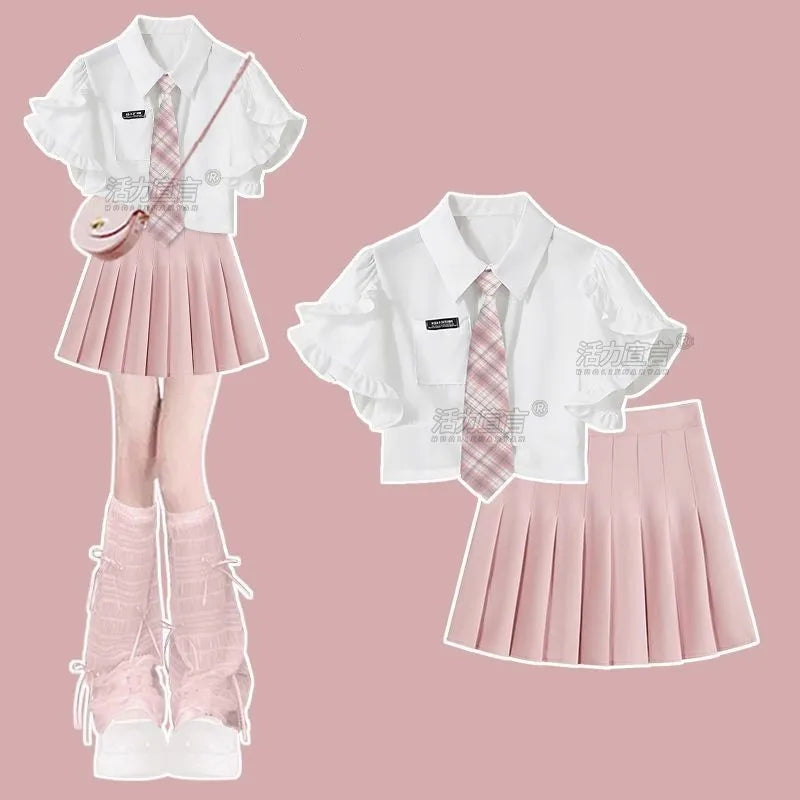 Short Sleeve Shirt Top + Short Pleated Skirt Two Piece Set